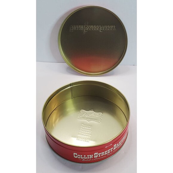 Collin Street Bakery Red Holiday Empty Tin 2.5" Tall x 8" Round Since 1896 - Picture 6 of 11